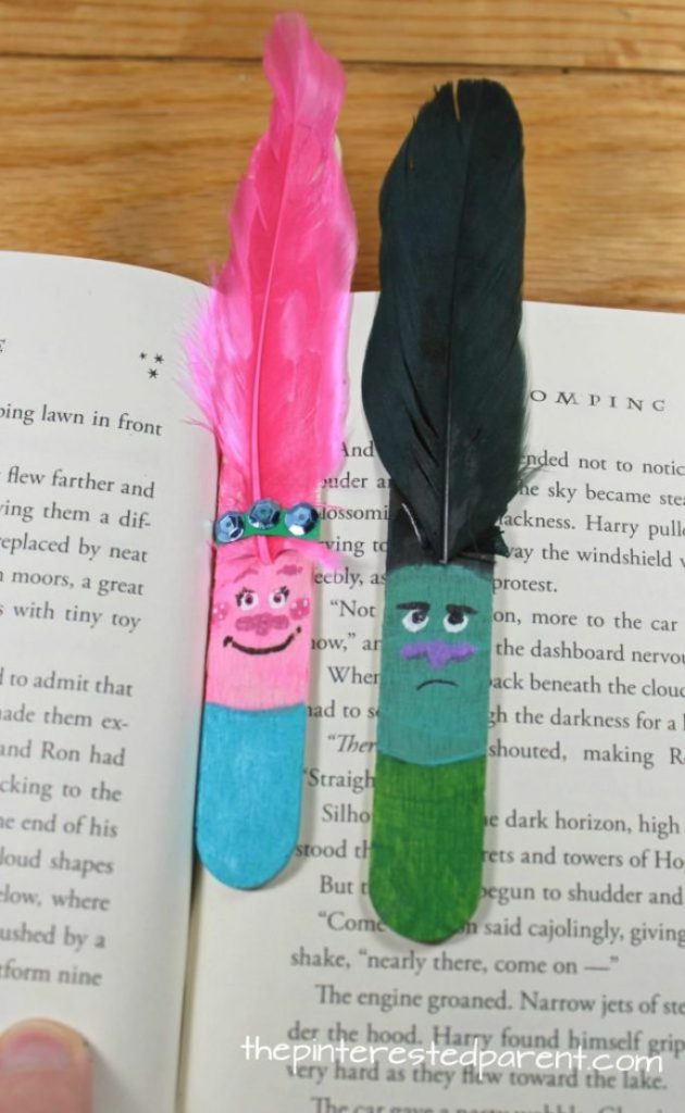 Trolls bookmarks made with craft sticks