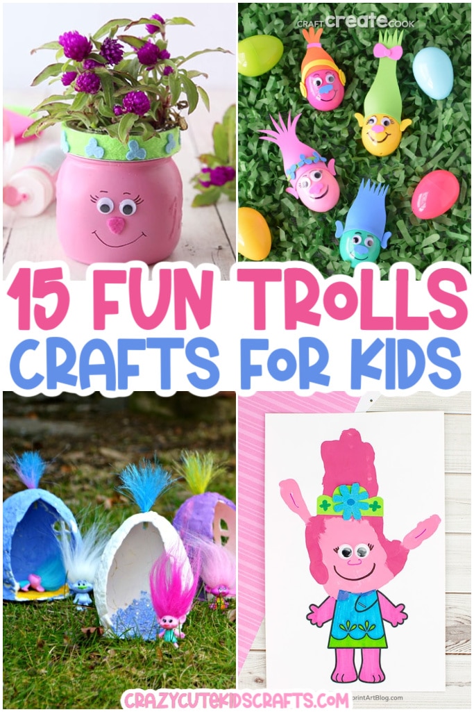 pin collage of 4 cute troll crafts for kids